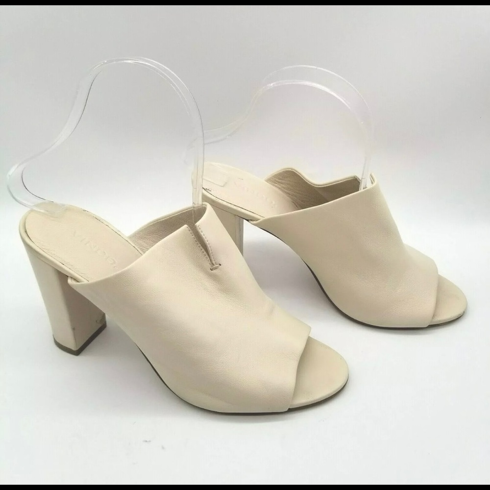 Vince Womens Cream Leather Comfort Slip On Open Toe Mule Block Heels Size 8 M